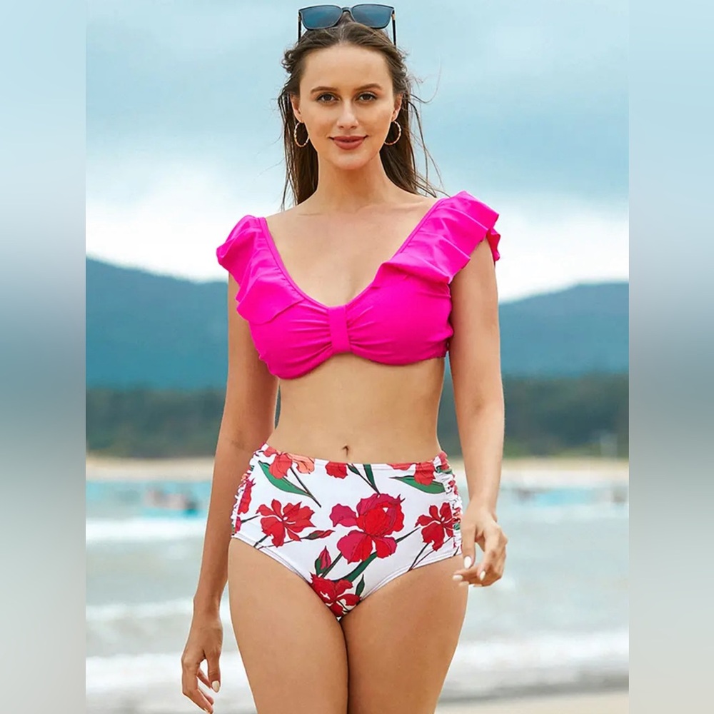 Ruffled Off Shoulder Two Piece Swimsuit, High Waist Bodysuit, Beach Bathing Suit